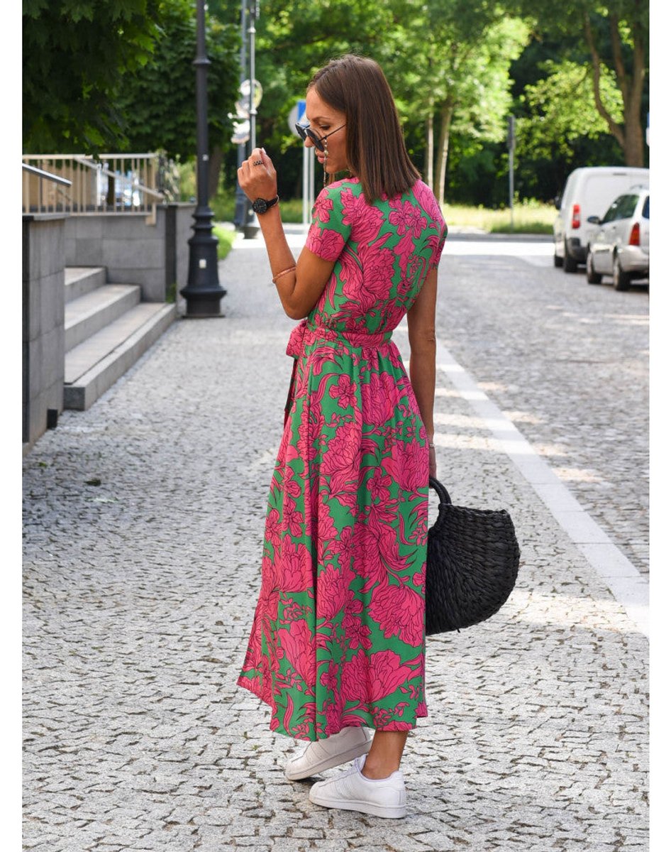 Women's Pink Floral Wrap Midi Dress, V-Neck, Short Sleeves