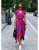 Women's Pink Floral Wrap Midi Dress, V-Neck, Short Sleeves