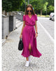 Women's Pink Floral Wrap Midi Dress, V-Neck, Short Sleeves