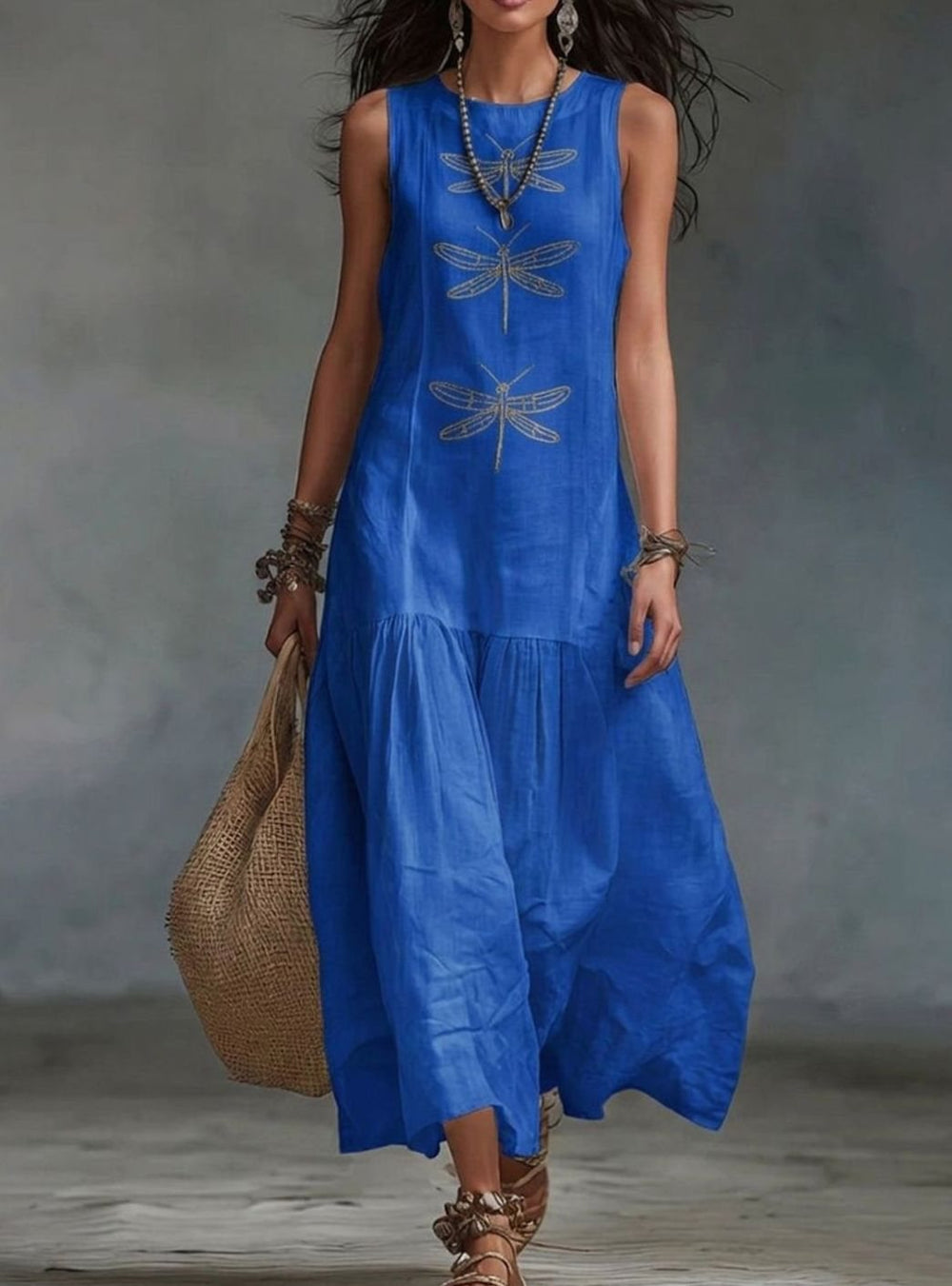 Women's Embroidered Relaxed Maxi Dress, Round Neck, Sleeveless
