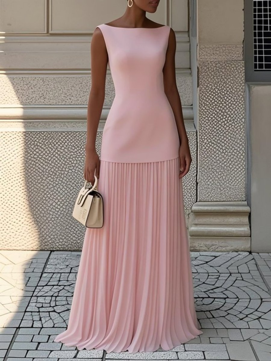 Women's Evening Pleated Maxi Dress, Round Neck, Sleeveless