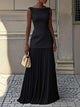 Women's Evening Pleated Maxi Dress, Round Neck, Sleeveless