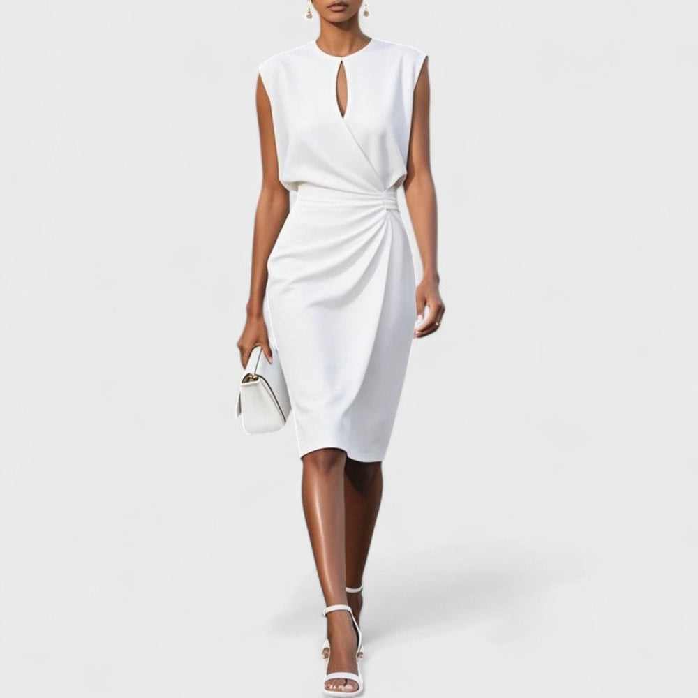 Women's Evening Ruched Midi Dress, Keyhole Neck, Sleeveless