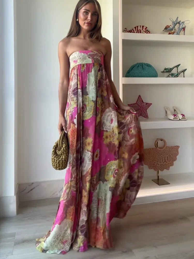 Women's Multicolor Floral Maxi Dress, Round Neck, Short Sleeves