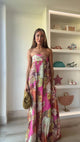 Women's Multicolor Floral Maxi Dress, Round Neck, Short Sleeves