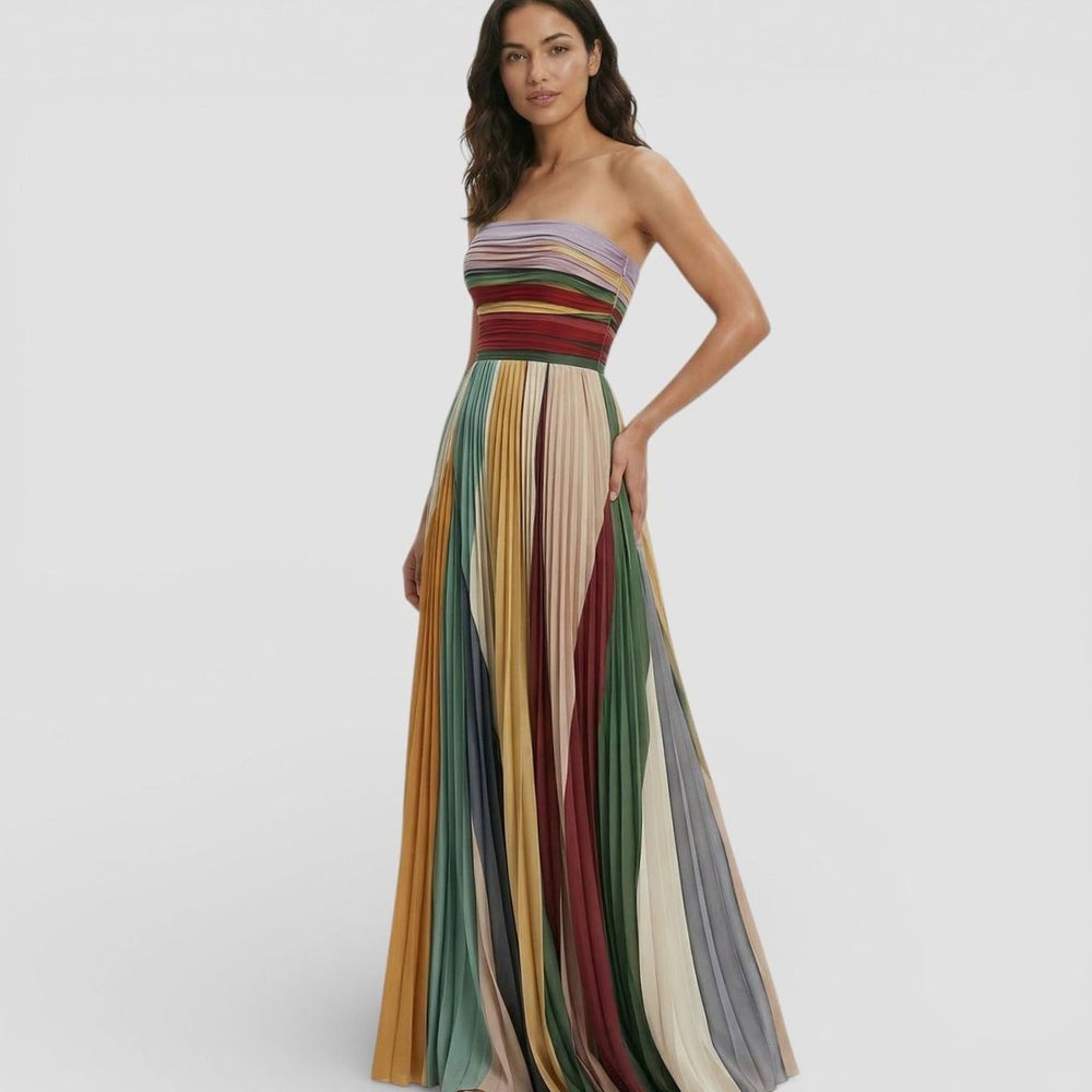 Women's Ruched Pleated Maxi Dress, Round Neck, Short Sleeves