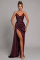 Women's Ruched Maxi Dress, Round Neck, Short Sleeves, Side Slit