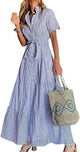Women's Striped Shirt Maxi Dress, Collared, Short Sleeves