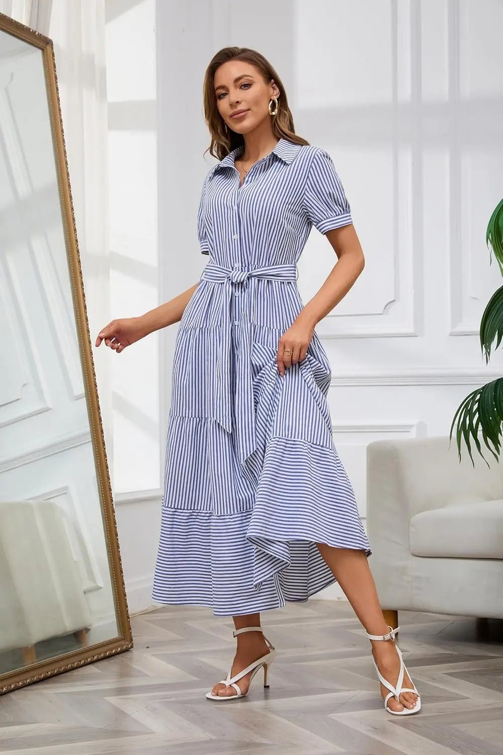 Women's Striped Shirt Maxi Dress, Collared, Short Sleeves