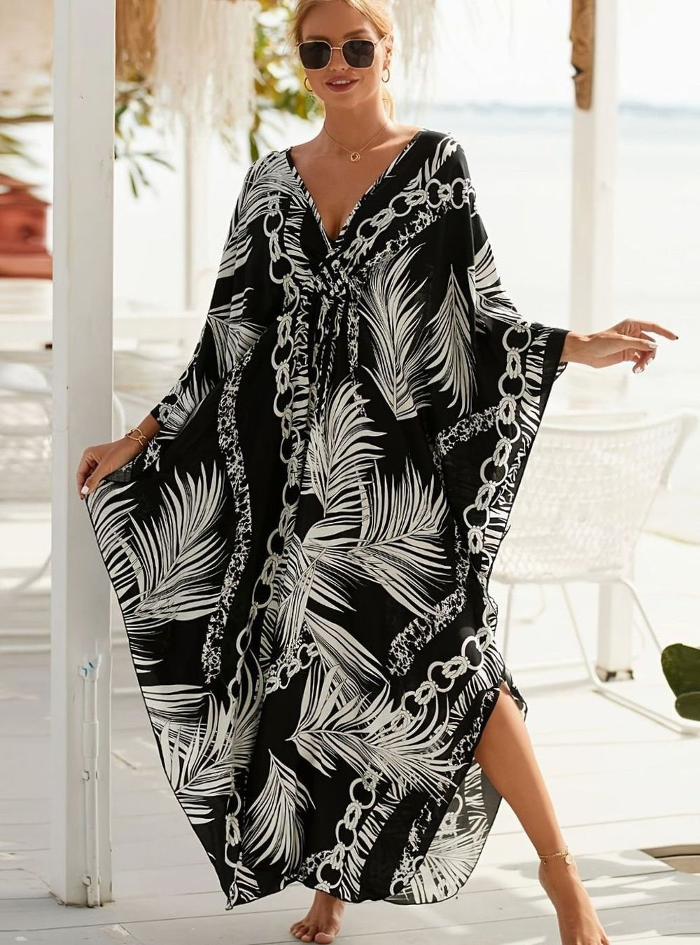 Women's Printed Maxi Dress, V-Neck, Batwing Sleeves