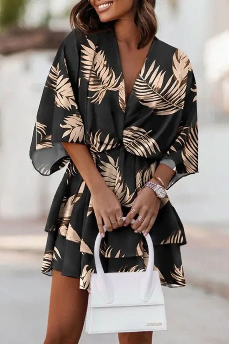 Women's Printed Mini Dress, Round Neck, Kimono Sleeves