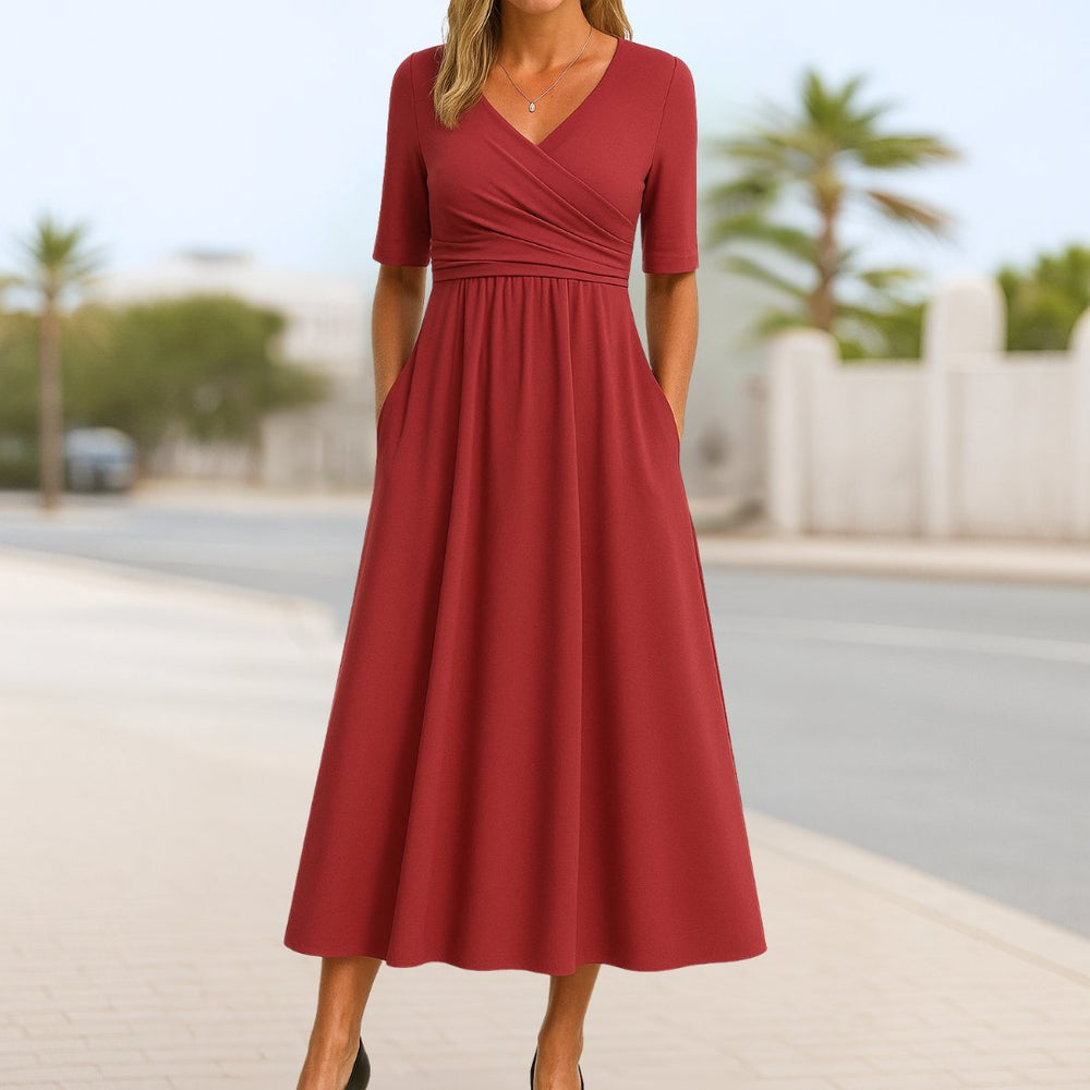Women's A-Line Midi Dress, V-Neck, Short Sleeves