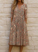 Women's Floral Pleated Midi Dress, V-Neck, Half Sleeves, Pockets