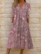 Women's Floral Pleated Midi Dress, V-Neck, Half Sleeves, Pockets