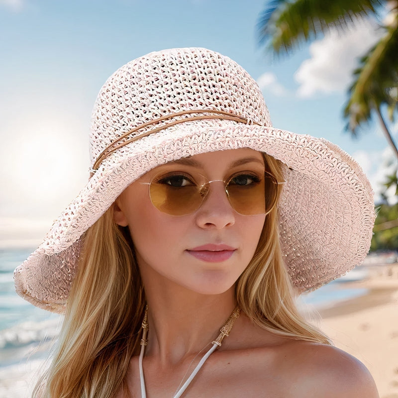 Women's wide-brim woven beach hat with side tie