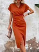 Women's Cocktail Wrap Midi Dress, V-Neck, Short Sleeves