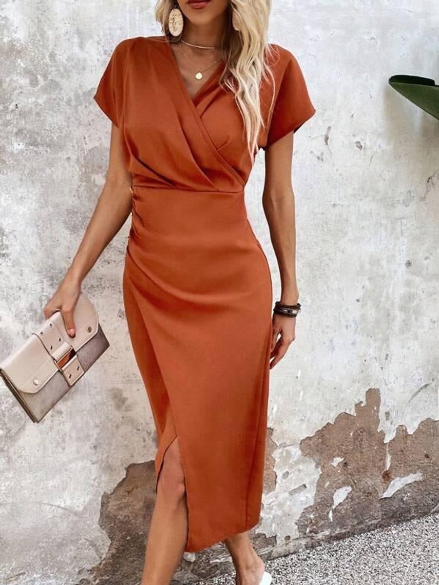Women's Cocktail Wrap Midi Dress, V-Neck, Short Sleeves